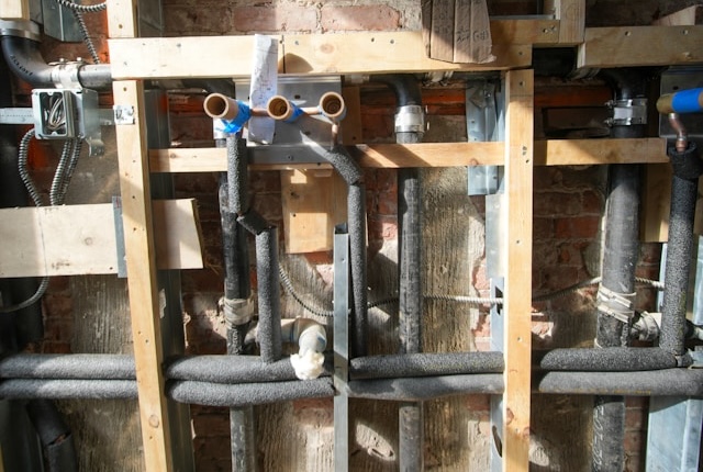 Plumbing pipes installed in a brick wall.